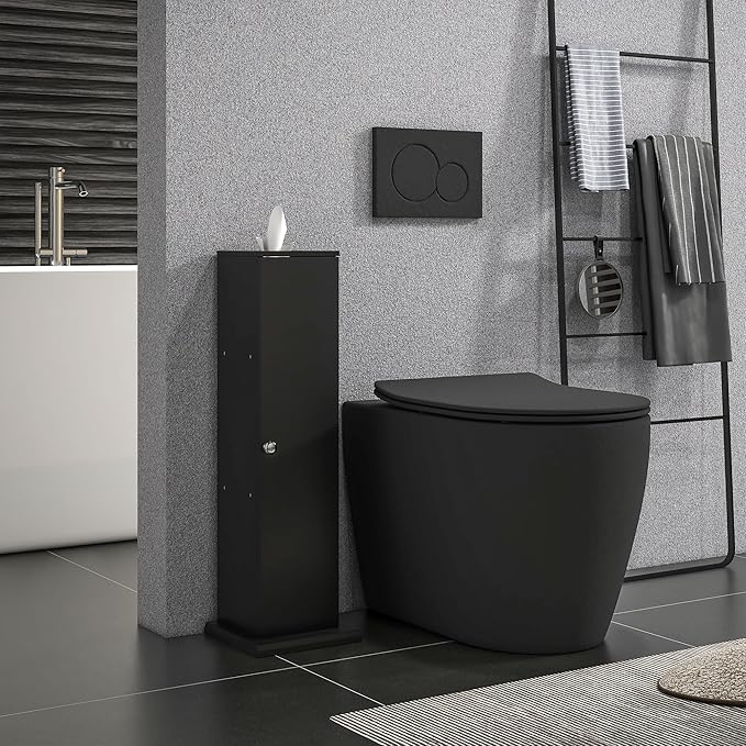 HOMCOM Toilet Paper Cabinet, Small Bathroom Corner Floor Cabinet with Doors and Shelves, Thin Storage Bathroom Organizer for Paper Shampoo, Black