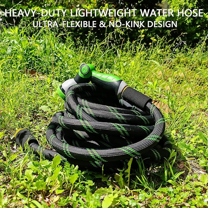 Garden Hose 50 FT, NON-EXPANDABLE Heavy-Duty Flexible & Lightweight Water Hose with 10-Function Nozzle, No-Kink, Leak-Proof Super Fabric, Solid Fittings for Lawn, Car, Outdoor (Black Green)