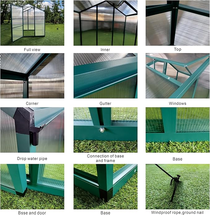 6x4 FT Outdoor Greenhouse, Polycarbonate Raised Base Greenhouses with Heavy-Duty Aluminum Walk-in Green House for Outdoor, Backyard, Patio (6x4 FT)
