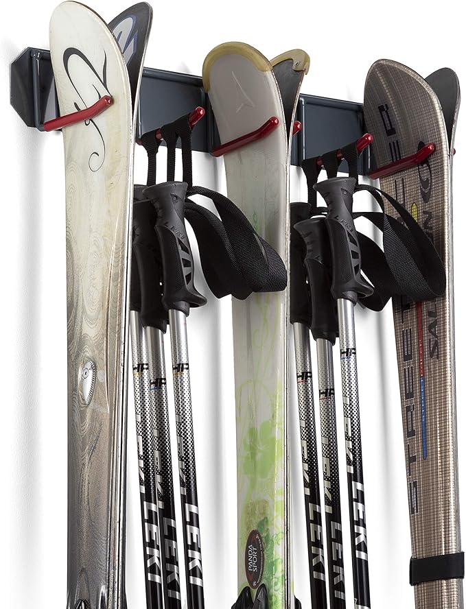 Wealers Wall Mounted Horizontal Rack for Storage of Skis and Poles-Heavy Duty Weatherproof Nonslip Garage Wall Organizer for Carrying Snowboard, Hockey Sticks, Skates, Helmets (Large, 2 Ski Sets)