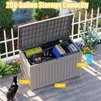 280 Gallon Outdoor Deck Box, Lockable Waterproof Outdoor Storage Boxes For Garden Tools,Indoor Cushions,Accessories Outside Storage Resin Weatherproof Container(Grey)