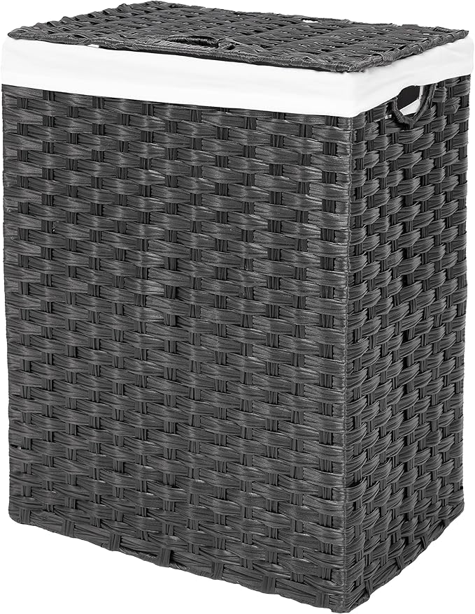 Seville Classics Premium Handwoven Portable Laundry Bin Basket with Carrying Handles, Household Storage for Clothes, Linens, Sheets, Black, Rectangular Hamper