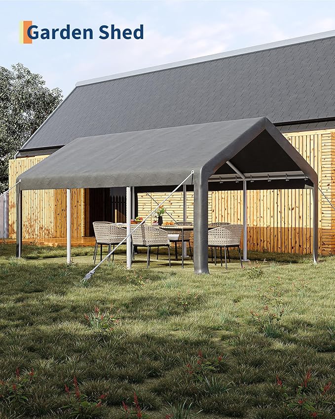 10 x 20ft Carport, Portable Carport with Roll-Up Windows & Removable Sidewalls & Doors Thickened Wind Ropes, Ground Nails, Portable Garage for Cars, Trucks, Boats, 200G Durable Tarp Cover,Grey