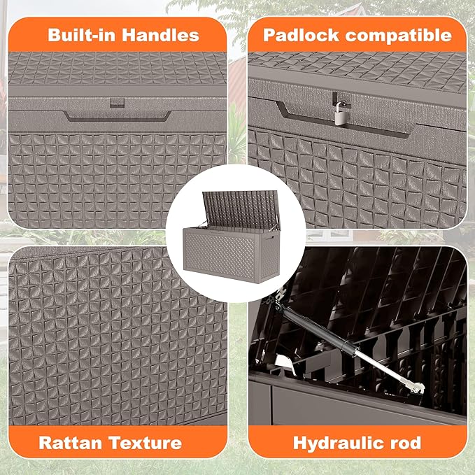 110 Gallon Outdoor Storage Box,Large Waterproof Resin Deck Box,Lockable Storage Container with Reinforced Support for Patio Cushions,Garden Tools,UV-Resistant(Grey,110Gallon)