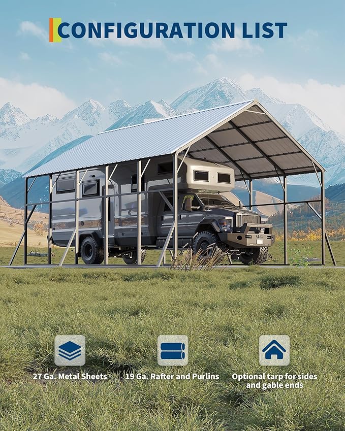 Garvee 20x25 ft Metal Carport Kit, 120° Steep-Pitch Vertical Roof for Snow Shedding, 173" High-Clearance RV & Tractor Shelter, Heavy-Duty 2 Cars Car Port with Reinforced Frame