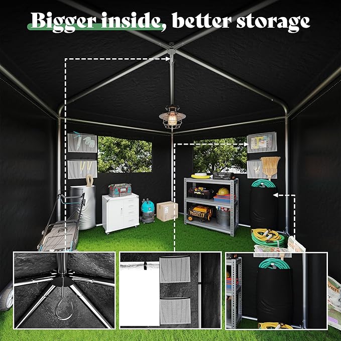 AMERLIFE Heavy-Duty 9.7×10.2×8.4 FT Pentagonal Black Storage Shed, Portable Garden Shelter with Large PVC Windows, Mesh Storage Pockets & Ceiling Hooks