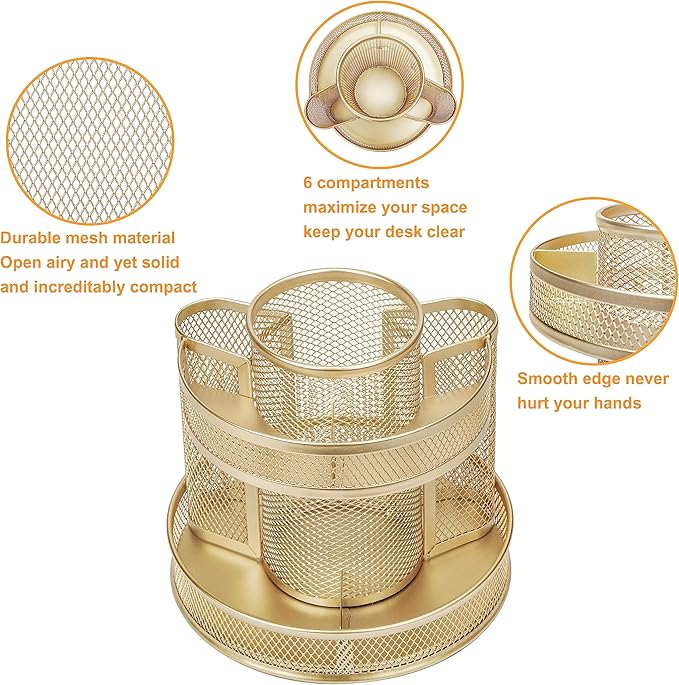Annova Mesh Desk Organizer Rotate with 5 Compartments Round Spinning Tidy Candy/Pen Holder Desk Accessories Office, Art Supply, Storage, Classroom, Home (Gold)
