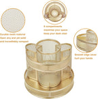 Annova Mesh Desk Organizer Rotate with 5 Compartments Round Spinning Tidy Candy/Pen Holder Desk Accessories Office, Art Supply, Storage, Classroom, Home (Gold)