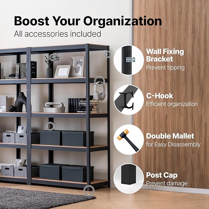 HOMEDANT House 5 Tier Heavy Duty Garage Shelving Adjustable Metal Rack Storage Shelves Standing Shelf Unit Organizers Pantry Closet Office (1, Black, 36.2" W x 16.2" D)