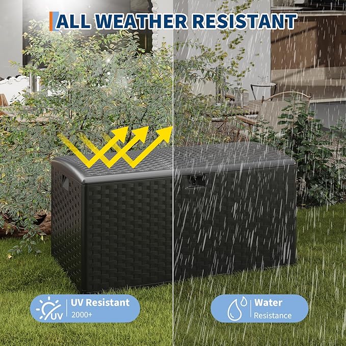 Garvee 100 gal Outdoor Storage Box, Lockable Plastic Deck Box with Lid, Waterproof & UV-Resistant Storage Bin for Patio Cushions, Garden Tools & Pool Accessories, Black