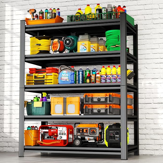 Garage Shelving, 72" H x 45" W Heavy Duty Metal Shelves, 5-Tier Shelving Units and Storage, Easy to Assemble, Adjustable, Black, for Garage, Basement, Pantry & Warehouse, 16" D