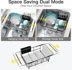 Dish Drying Rack Over the Sink In Stainless Steel Black Expandable Drainer for Small Kitchen, Counter Space Saving Compact Inside Sink Plate Dryer, Adjustable Hanging Metal Wire Strainer Drain Holder