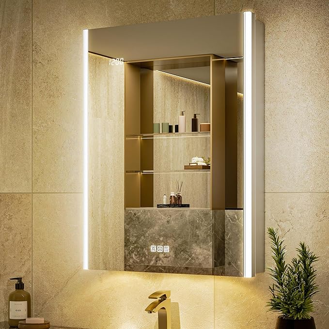 24x32 Lighted Medicine Cabinet Mirror with Lights & Smart Night Lamp -Surface or Recessed Medicine Cabinet Mirror with Outlet & Clock,Fogless Dimmable LED Storage Mirror,Built-in Sensor Light
