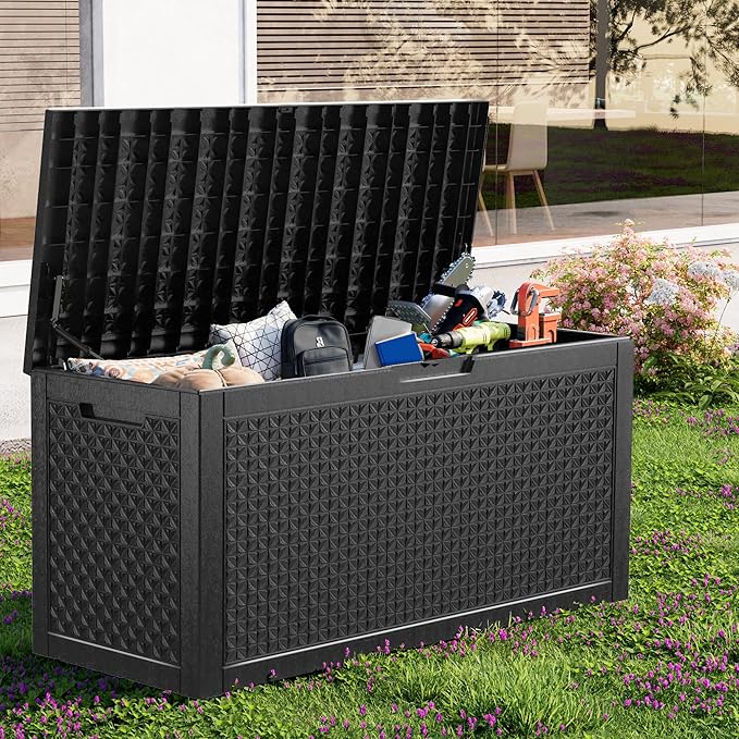 110 Gallon Outdoor Waterproof Resin Storage Deck Box Lockable Outside Bench UV Resistant Bin Patio Porch Furniture Pool Float Garden Tool Cushion Black