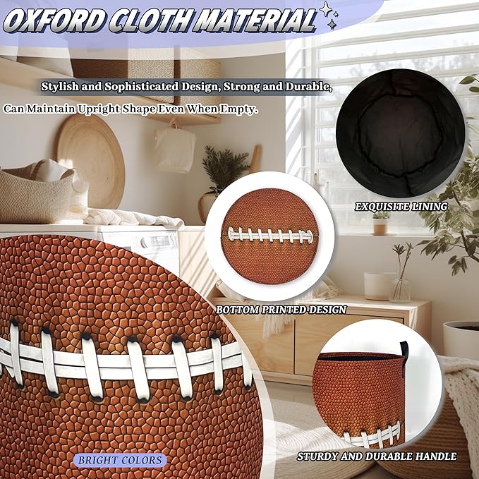 Funny Football Laundry Basket Oxford Cloth Ball Texture Laundry Hamper With Handle Foldable Portable Clothes Storage Basket Football Laundry Bag 18.9"x16.5" For Laundry Room/Bedroom/Bathrooms