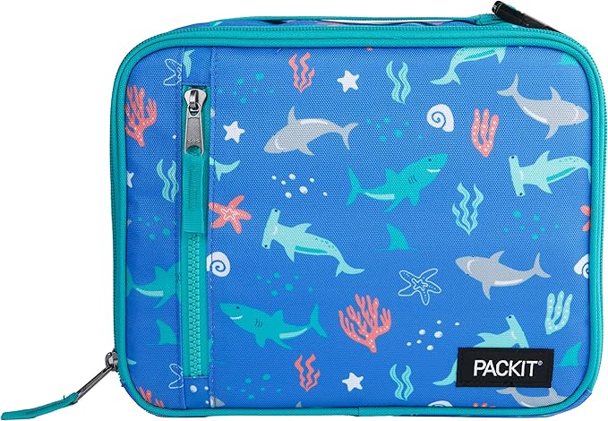 PackIt(R) Freezable Classic Lunch Box, Sea Shark, Built with EcoFreeze(R) Technology, Collapsible, Reusable, Zip Closure With Zip Front Pocket and Buckle Handle, Designed for Fresh Lunch On the Go