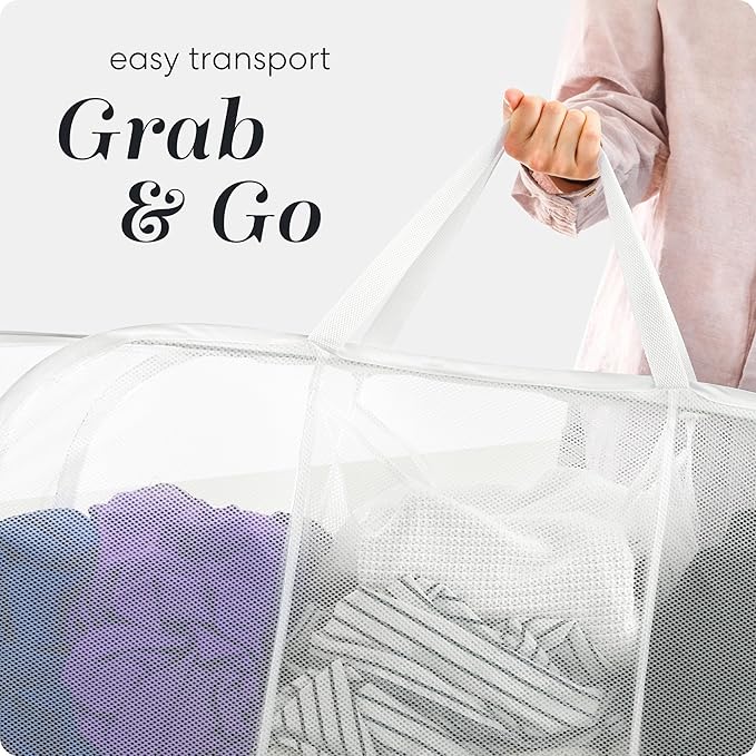 Handy Laundry Collapsible Laundry Basket, 3-Compartment Mesh Laundry Sorter, Foldable Pop Up Hamper with Handles, Space-Saving Durable Organizer for Dorm, Bedroom, Travel, White
