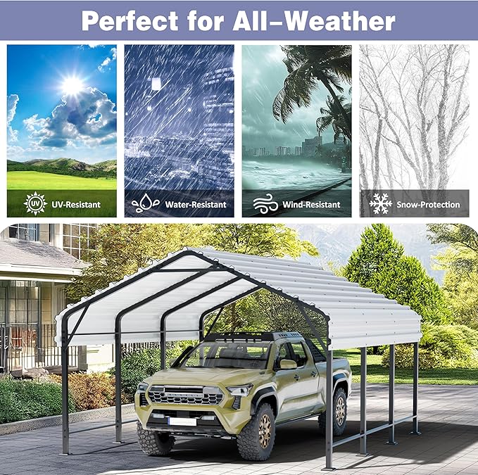 JY QAQA 12 x 15 FT Metal Carport Kits with Galvanized Steel Roof, Heavy Duty Metal Carport Canopy, Outdoor Car Tent Garage Shelter for Car, SUV, Truck and Boats, White