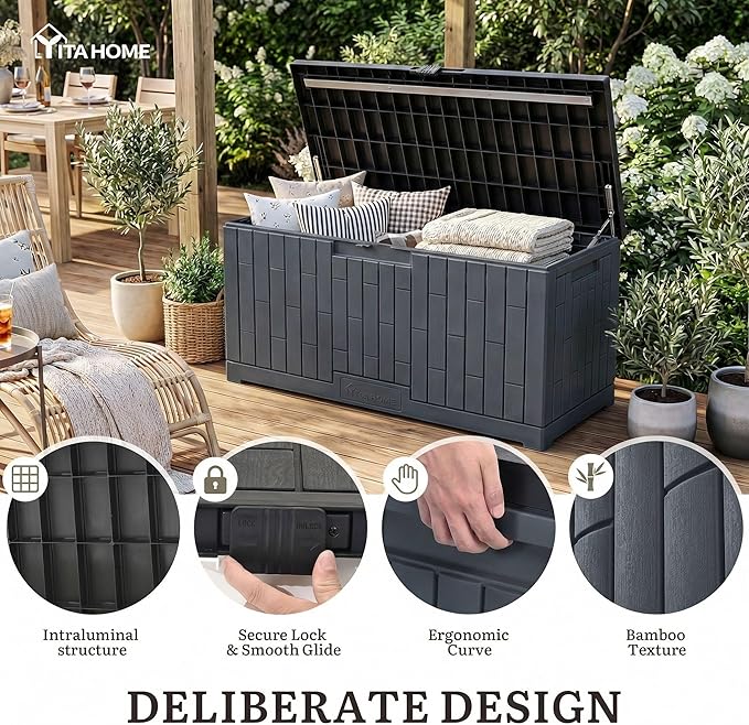YITAHOME Outdoor Storage Box, 120 Gallon Waterproof Deck Box for Garden Tools, Patio Cushions, and Pool Accessories, Lockable, Easy Assembly, Versatile Bench or Table (Dark Gray)