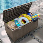 Greesum 100 Gallon Resin Patio Storage Box for Garden Tools, Outdoor Furniture Cushions, Pool Supplies, Coffee