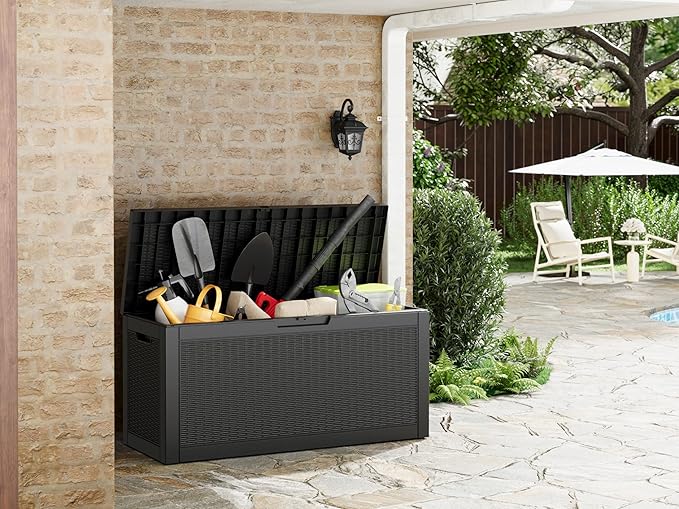 72 Gallon Outdoor Storage Box, Resin Deck Boxes Outdoor Waterproof For Patio Furniture, Garden Tools, Pool Supplies, Lockable And UV Resistant (Rattan Black)