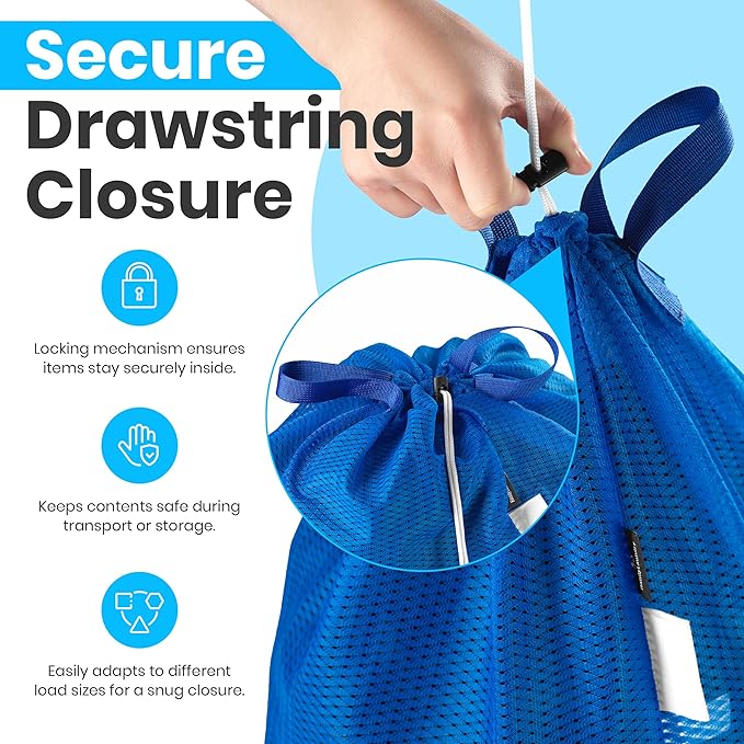 Large Mesh Laundry Bags - Heavy Duty with Handles & Drawstring - Machine Washable Net Laundry Sacks for College Dorm, Camp, Travel, Bedding & Clothes Storage (Blue)