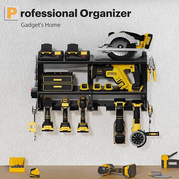 Power Tool Organizer Wall Mount with Charging Station, 3 Layer Heavy Duty Metal Tool Storage Rack Loads 420lbs with 6 Cordless Drill Holder, Idea Gifts for Men, Garage Workshop