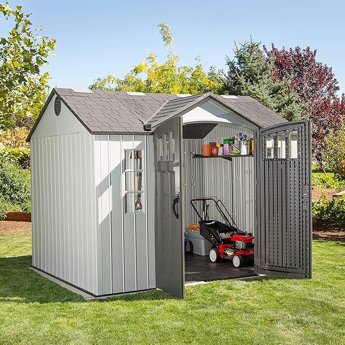 Lifetime 10×8 Ft. Outdoor Storage Shed, Dual‑Wall HDPE with Steel‑Reinforced Structure, Side‑Entry Doors with Windows, Skylight, Screened Vents, Adjustable Shelves, Slip‑Resistant Floor, UV‑Protected