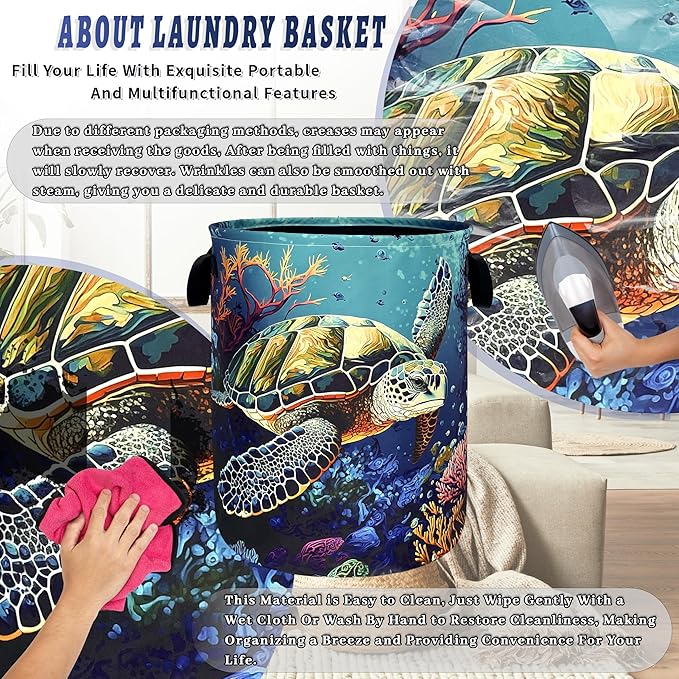 Sea Turtle Laundry Basket Oxford Cloth Colorful Ocean Animal Turtles Laundry Hamper With Handle Foldable Portable Clothes Storage Basket Laundry Bag 18.9"x16.5" For Laundry Room/Bedroom/Bathrooms