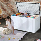 DWVO 230 Gallon Resin Outdoor Storage Box, XXL Double-Wall Waterproof Deck Box with Divider, Doubles as Table or Seating with 1000 lbs Capacity, Lockable (Grayish-White)