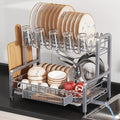 2 Tier Dish Drainers Drying Rack for Kitchen Counter Large Stainless Steel Dishes Drain with Drainboard, Space Saving, Big Modern Silver Countertop Metal Plates Dryer Strainer Holder and Extra Tray