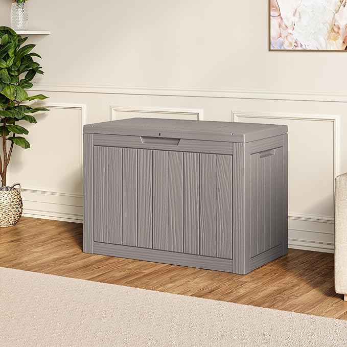 50 Gallon Outdoor Storage Box, Resin Deck Boxes Outdoor Waterproof For Patio Furniture, Garden Tools, Pool Supplies, Lockable And UV Resistant (Striped Gray)