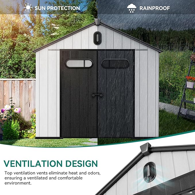 YITAHOME 8x10ft Resin Storage Shed, Extra Thick Outdoor Plastic Garden Storage Unit with Oval Vision Windows & Lockable Doors, 16mm Heavy Duty Waterproof Tool Sheds with Floor for Lawn Equipment, Gray