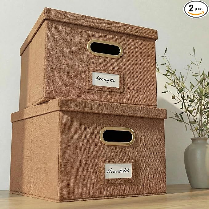 ZICOTO Decorative File Organizer Box Set of 2 - Collapsible Linen Filing Cabinets w/Handles Are Perfect to Store all Your Documents & Hanging File Folders - Portable Easy Slide Crates with Lid