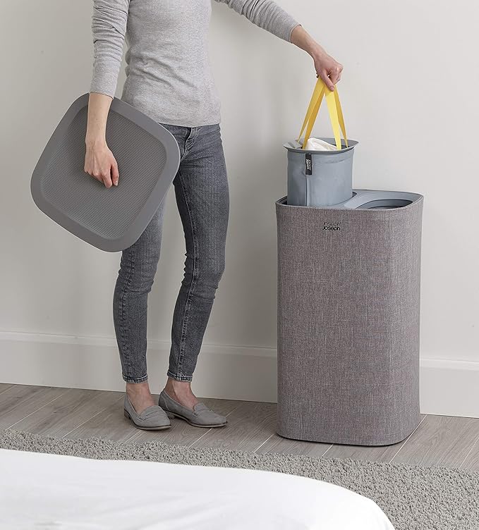 Joseph Joseph Tota 60 liter/15.8 gallon Laundry Hamper Separation Basket with lid, 2 Removable Washing Bags with Handles- Gray