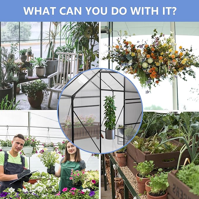 6X8FT Greenhouse for Outdoor, Polycarbonate Greenhouse with Raised Base and Anchor, Heavy-Duty Walk-in Green House with Adjustable Roof Vent and Gutter System for Patio,Backyard (Black, 6X8 FT)