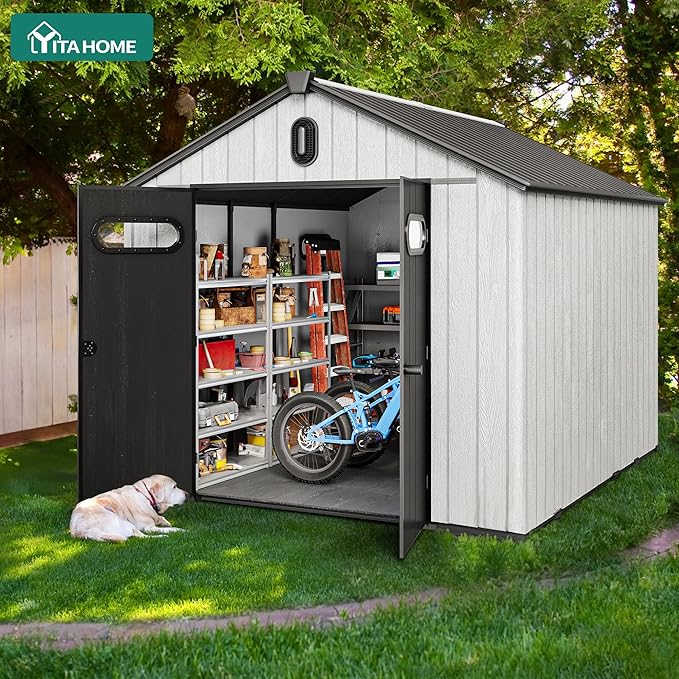 YITAHOME 8x10ft Resin Storage Shed, Extra Thick Outdoor Plastic Garden Storage Unit with Oval Vision Windows & Lockable Doors, 16mm Heavy Duty Waterproof Tool Sheds with Floor for Lawn Equipment, Gray
