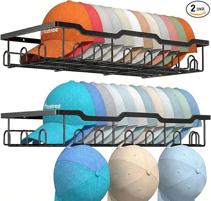 Nicetree Hat Rack for Wall - 2 Pack Metal Hat Organizer for Baseball Caps - Heavy Duty Wall Mounted Baseball Cap Organizer and Hat Storage for Closet Wall or Bedroom - Holds 48 Caps,Black
