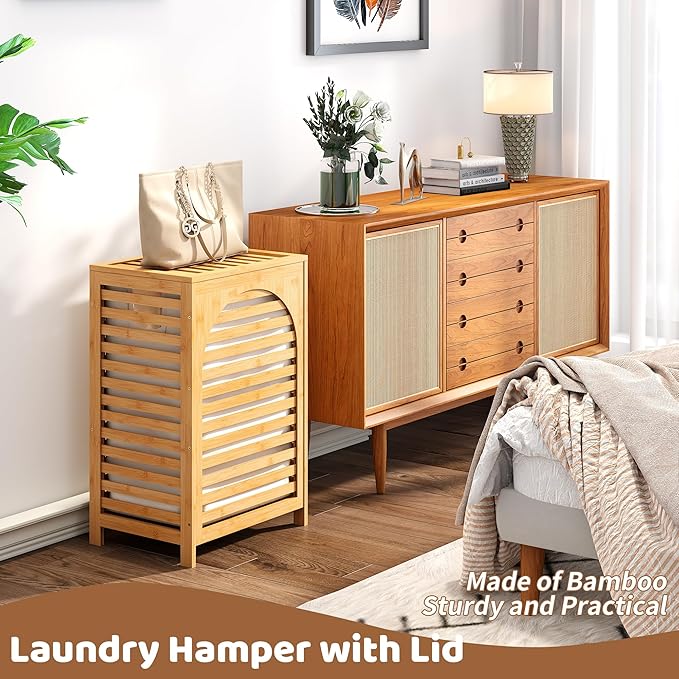 FILWH Laundry Hamper with Lid (16.9 * 13 * 26.5inches) Large Bamboo Laundry Bin Basket 85L Clothes Hamper with 1 Removable Bag Storage baskets for Bathroom(Natural)
