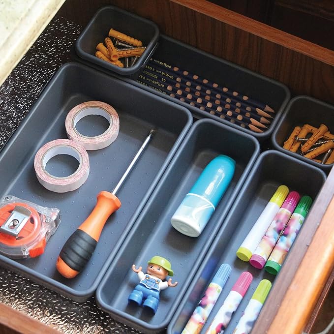 42 Pack Interlocking Desk Drawer Organizer Tray Dividers Plastic Shallow Narrow Drawers Organizers Separators Storage Bins Container for Kitchen Bathroom Makeup Office Vanity Dresser