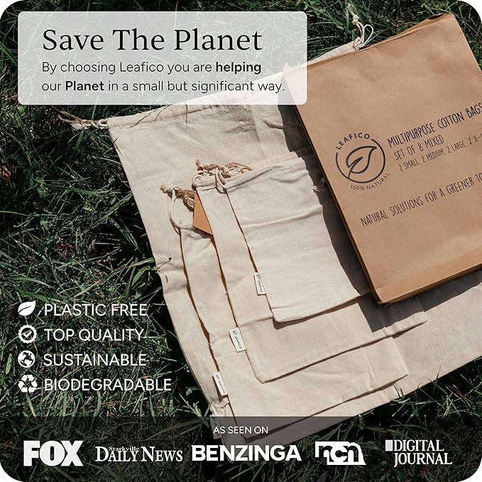 LEAFICO Multipurpose Eco Cloth Bags - Large 10x12 Inch (12 Pack) - Cotton Produce Storage Sacks - Muslin Drawstring Pouches for Vegetables - Bread Bags - Fabric Sachets