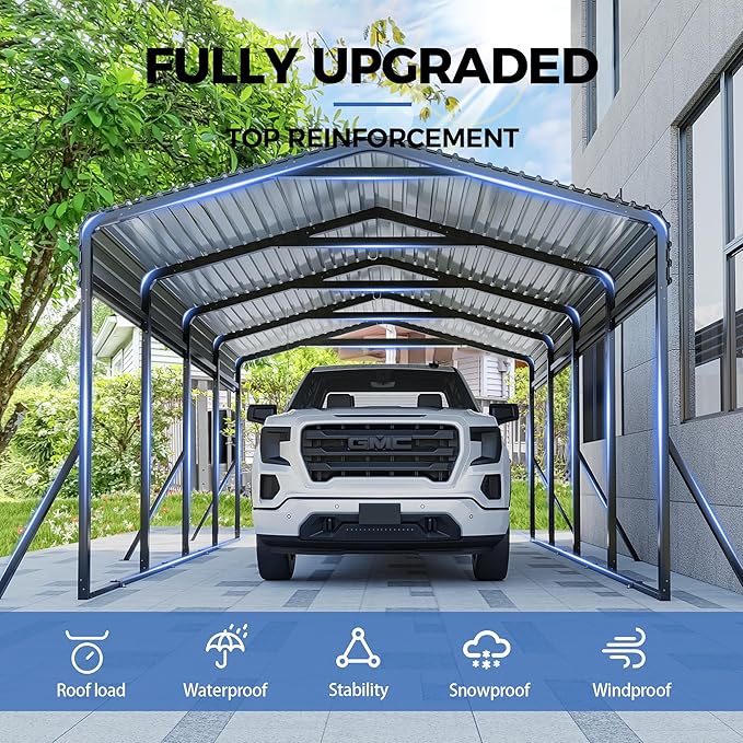 Carport Canopy 12’X20’ Heavy Duty Car Port Galvanized Steel Roof, Reinforced Stable Triangle Frame for Snowy Windy Metal Carports Enhanced Base Car Tent for Car,RV,Pickup,Boat,Truck,Tractor