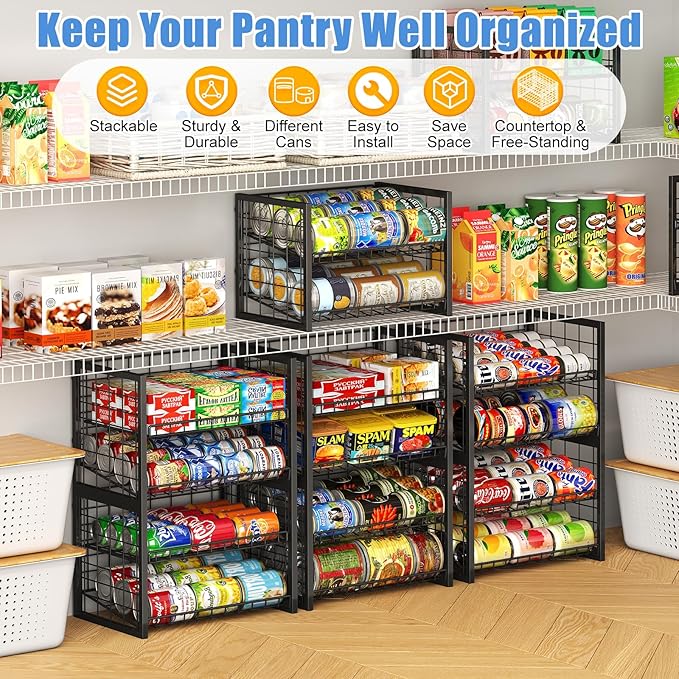 X-cosrack 2-Tier Stackable Can Organizer for Pantry, 3 Packs Adjustable Pantry Organizer Storage for Canned Food Goods Soda, Sturdy Canning Rack Can Dispener Storage Holder for Pantry Kitchen, Black