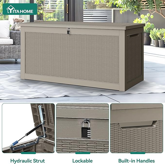 YITAHOME 260 Gallon Outdoor Storage Box, Large Water Resistant Resin Deck Box, Indoor Outdoor Lockable Storage Container for Patio, Garden, Cushions, Tools, Equipment(Brown)