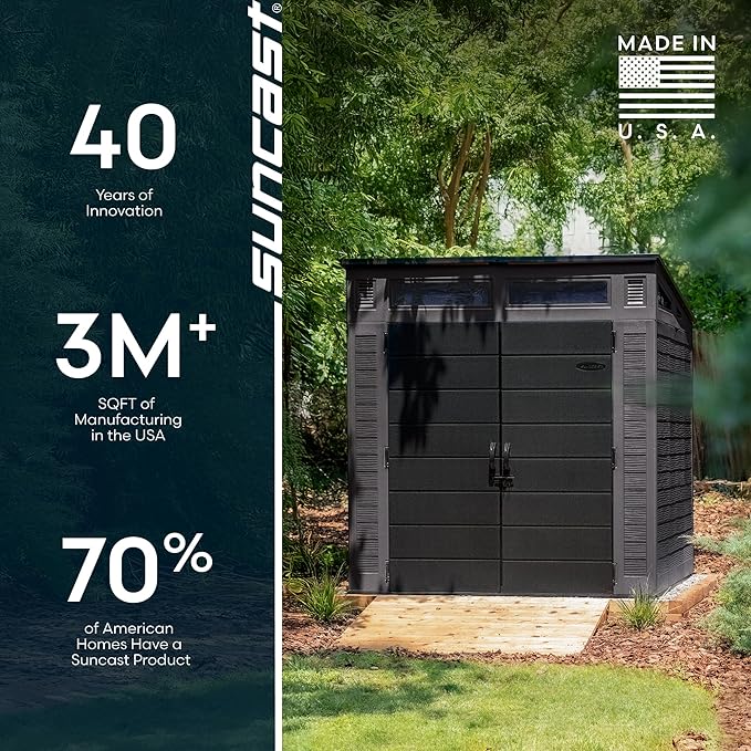 Suncast Modern Outdoor Storage Shed, 200 cu. ft. Peppercorn Resin Shed for Lawn Mower, Bikes, Utility Tools, Patio, & Yard. Weatherproof & Lockable Modern Sheds & Outdoor Storage, Made in USA