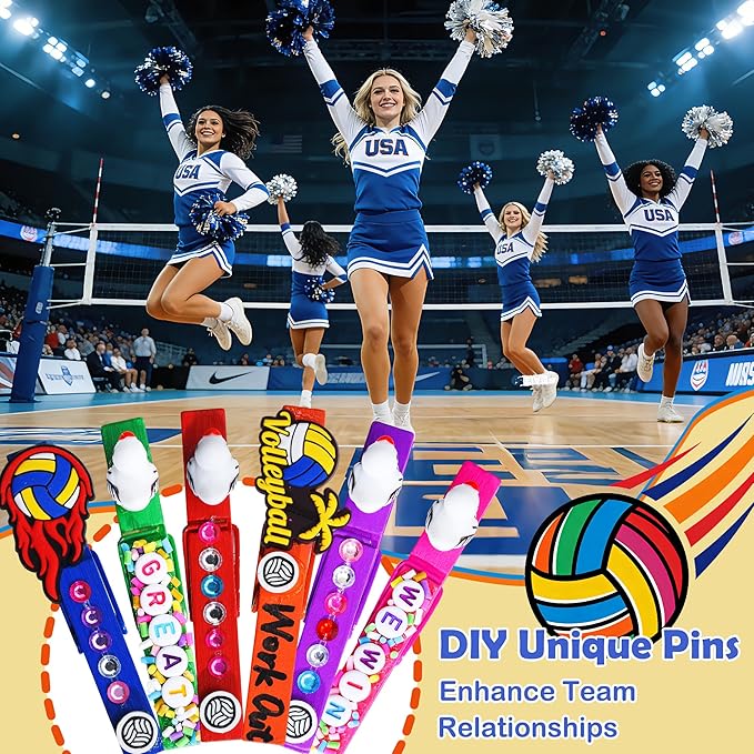 80 Set Cheer Pins Volleyball Spirit Clips, Include 80 Wooden Cheer Colored Clothes Pins 300 Letter Beads 120 Mini Volleyball Decor for Team Gifts for Cheerleading Backpacks Cheer Gifts Bulk