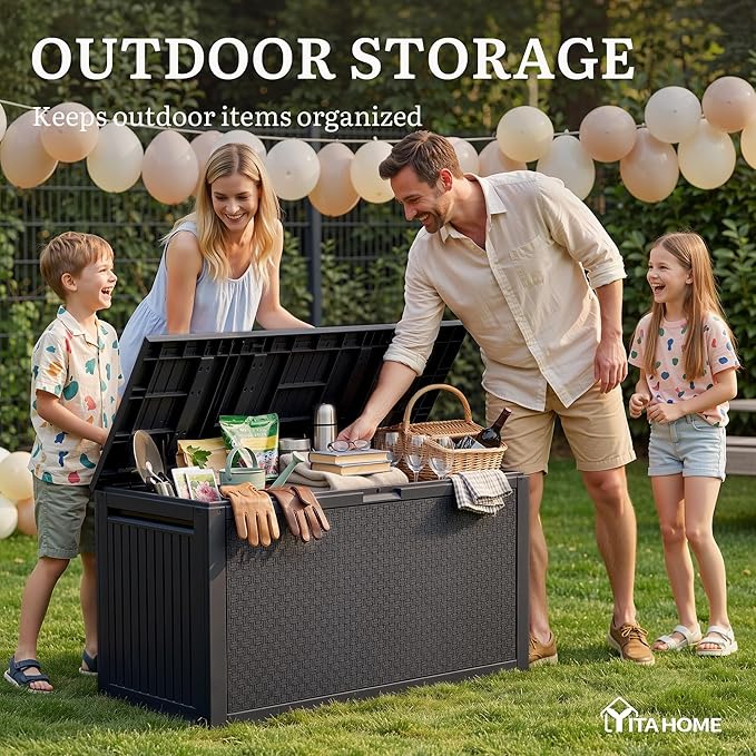YITAHOME 90 Gallon Large Outdoor Deck Box, Lockable Waterproof Resin Storage Box with Handles, Weatherproof & UV Resistant, Patio Garden Tool Container for Outdoor Furniture, Black