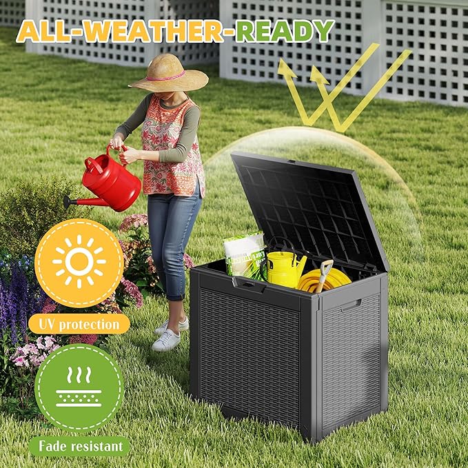 Vixzen 31 Gallon Waterproof Resin Deck Box, UV Resistant Outdoor Storage for Garden, Patio, Porch, Delivery,Rattan （Black，31 Gallon）