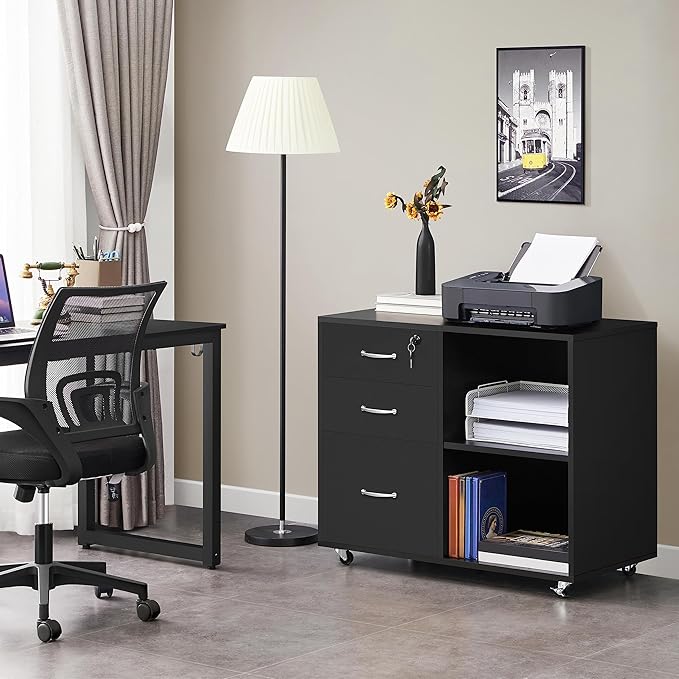 Yaheetech Black File Cabinet with Lock for Letter, A4 Size,3 Drawer Lateral Cabinet Printer Stand with Open Storage Compartments for Home Office, Black