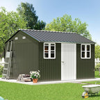 VanAcc 10 x 12FT Outdoor Storage Shed with a Lockable Hinged Door and 2 Windows, Nordic Cottage Metal Shed for Backyard, Garden, Patio, Dark Grey/White